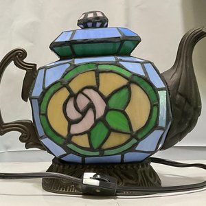 Cheyenne Vintage Tiffany Style Stained Glass Tea Pot Light Blue with Rose
